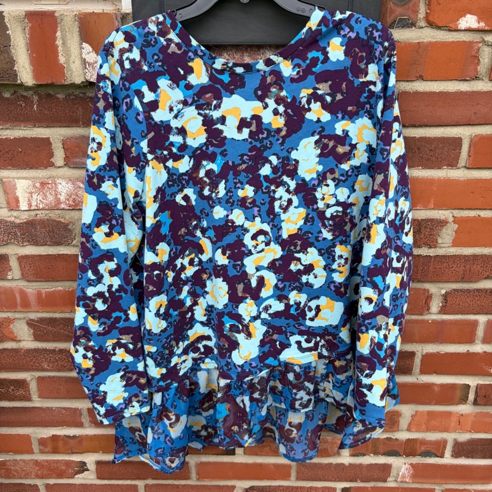 LOGO Lounge Lori Goldstein‎ Blue Abstract Floral Peplum Hem Sweatshirt Top XL